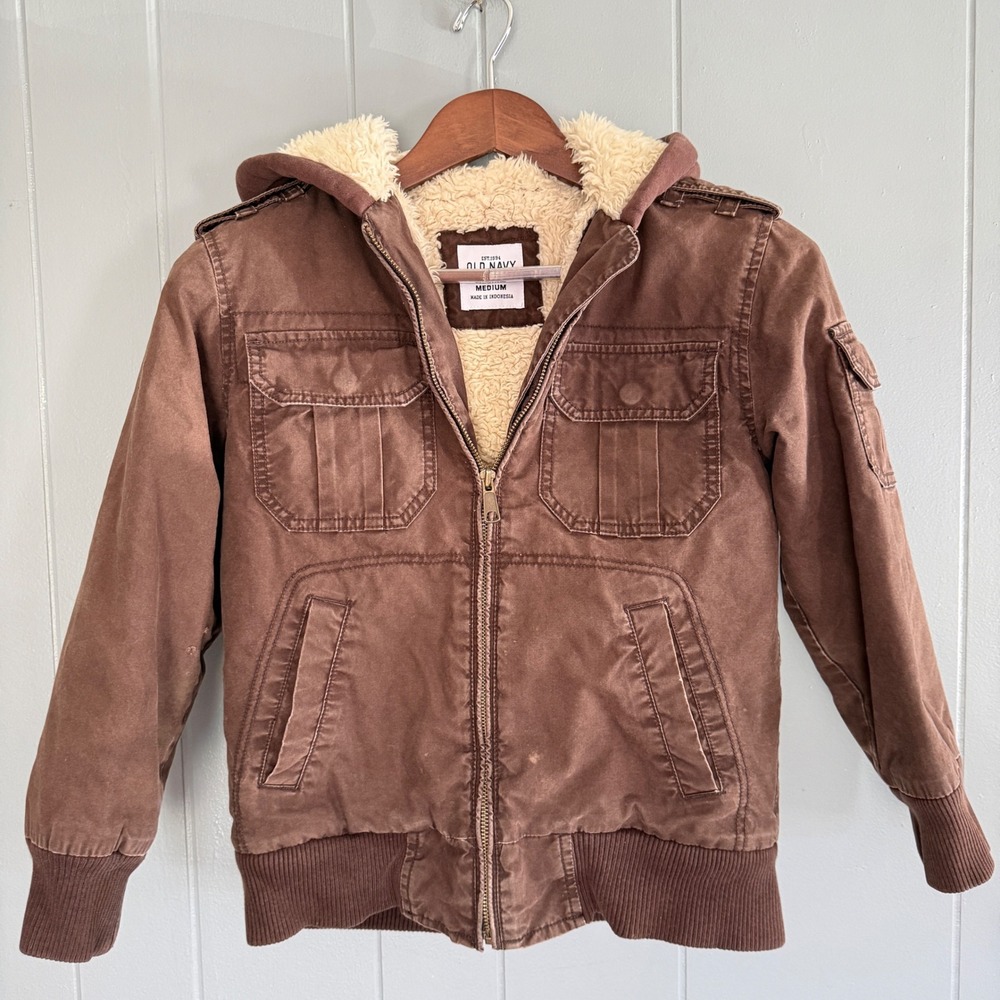 Sherpa Lined Hooded Chore Jacket Distressed Workwear Kid M Canvas Utility Bomber
